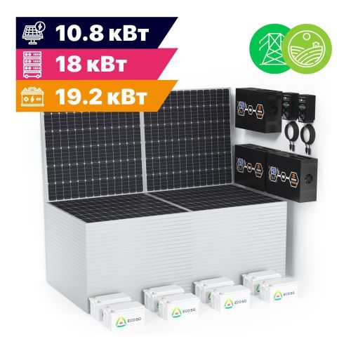 Гибридная солнечная электростанция Экодабл G42 (МАП 3Ф 18 кВт, CARBON 19.2 кВт*ч, ФЭМ 10.8 кВт/54 кВт*ч в сутки)