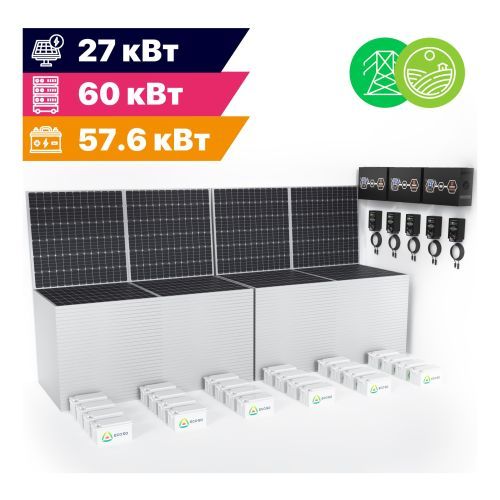 Гибридная солнечная электростанция Экодабл G71 (МАП 3Ф 60 кВт, CARBON 57.6 кВт*ч, ФЭМ 27 кВт/135 кВт*ч в сутки)